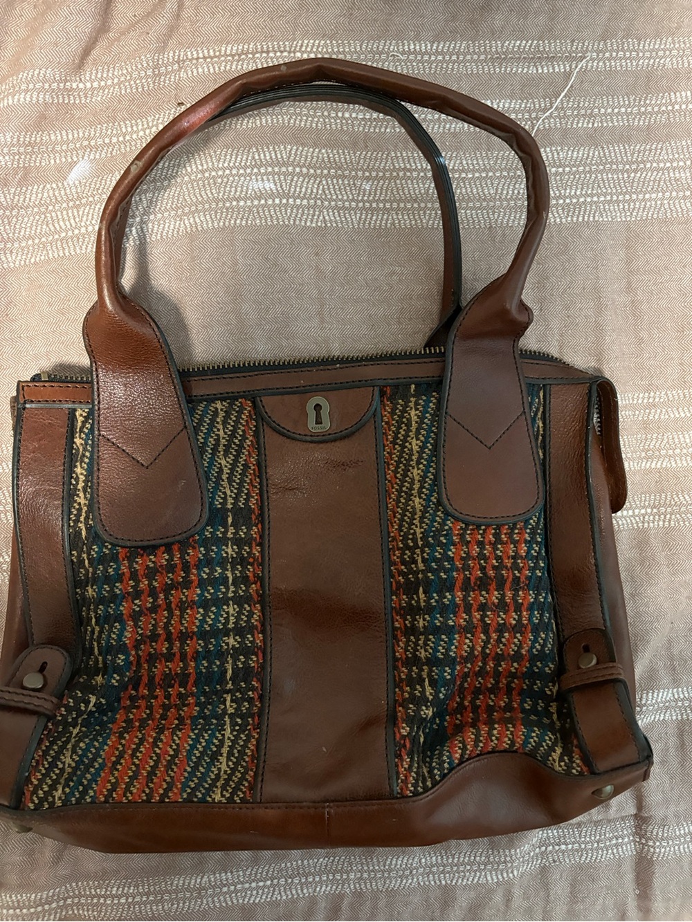 Fossil Brown Leather Shoulder Bag with Multicolor Woven Panels